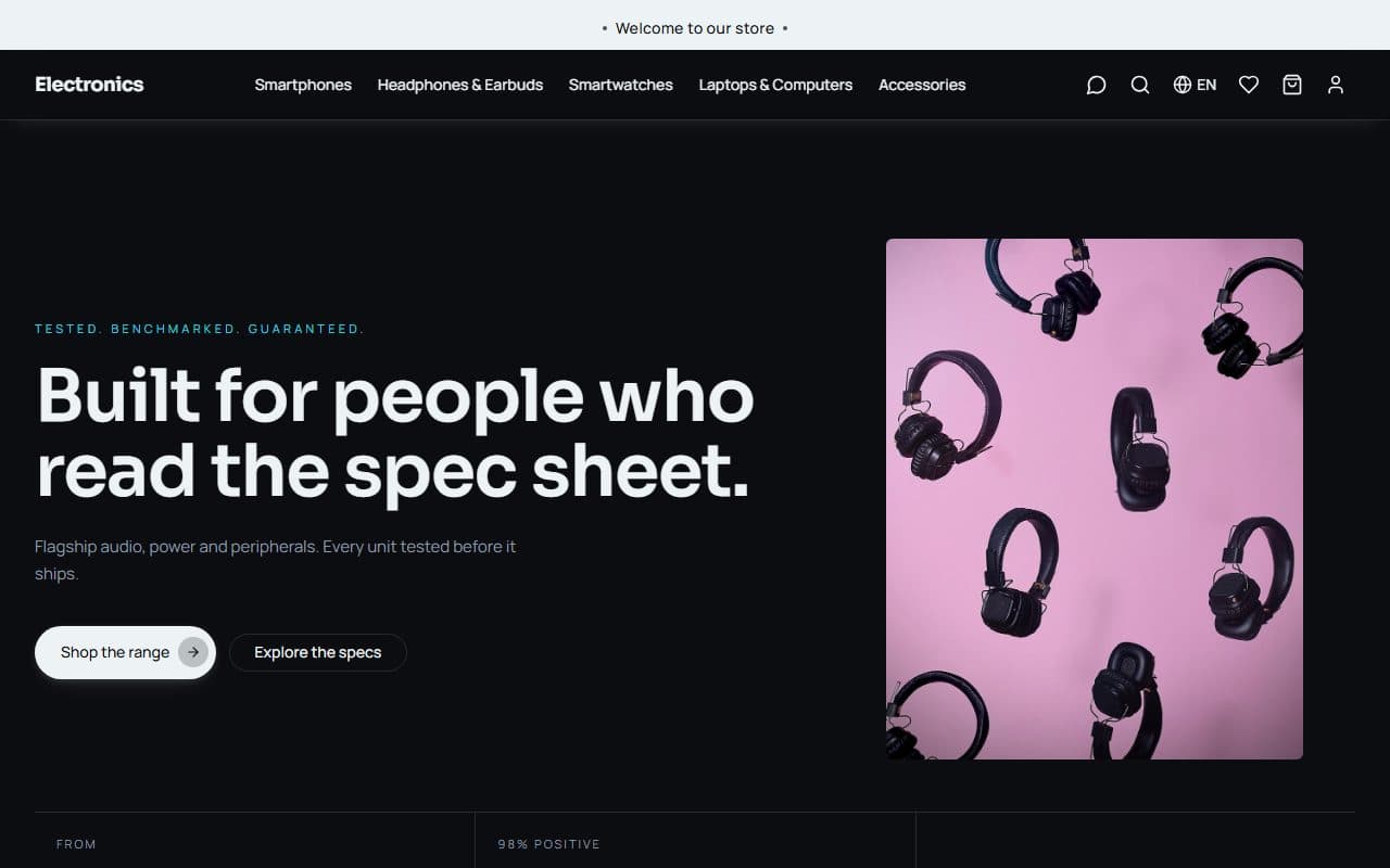 Vanta storefront home, a dark electronics theme